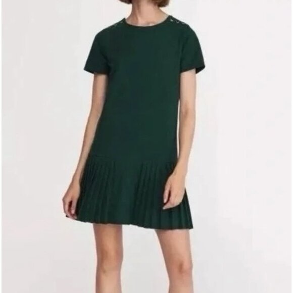 Zara Dresses & Skirts - Zara Pleated Hem Dark Green Mini Dress Size M Zipper Back Party Cocktail Y2K